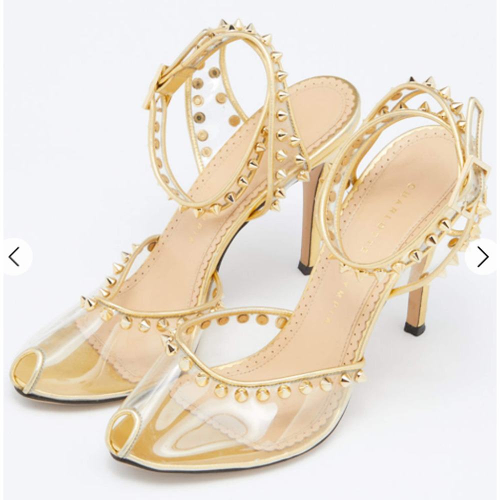 Charlotte Olympia Gold Studded PVC & Leather Soho Peep Toe Sandals Women's EU 42
